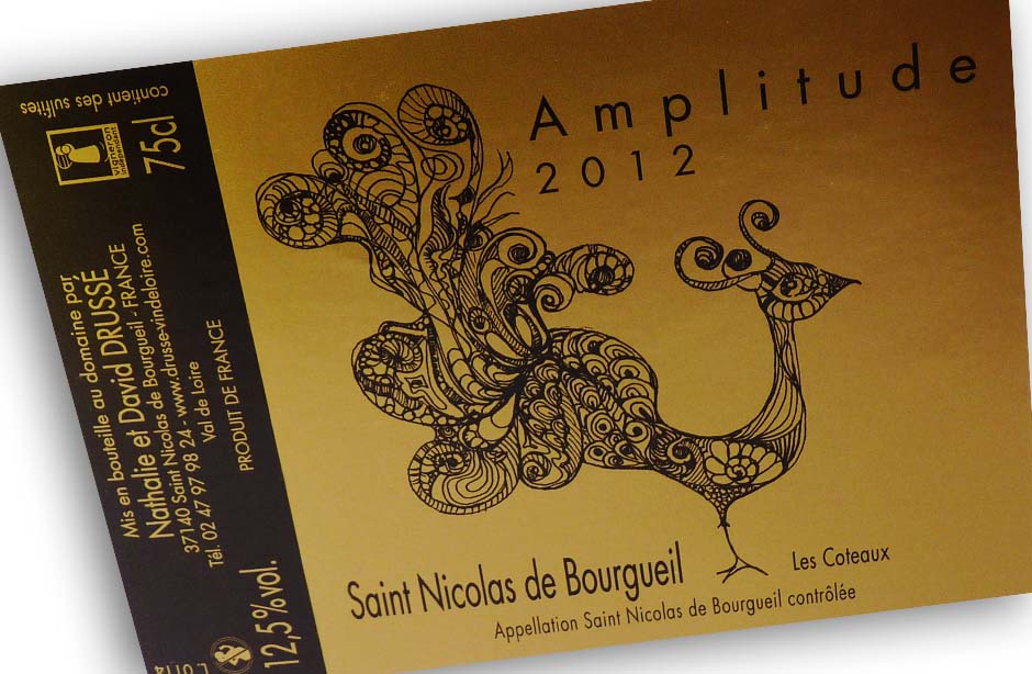 Etiquette Vin Amplitude Drusse Paon, Saint Nicolas de Bourgueil, papier Couche metal satin Dull foil gold, impression noir
