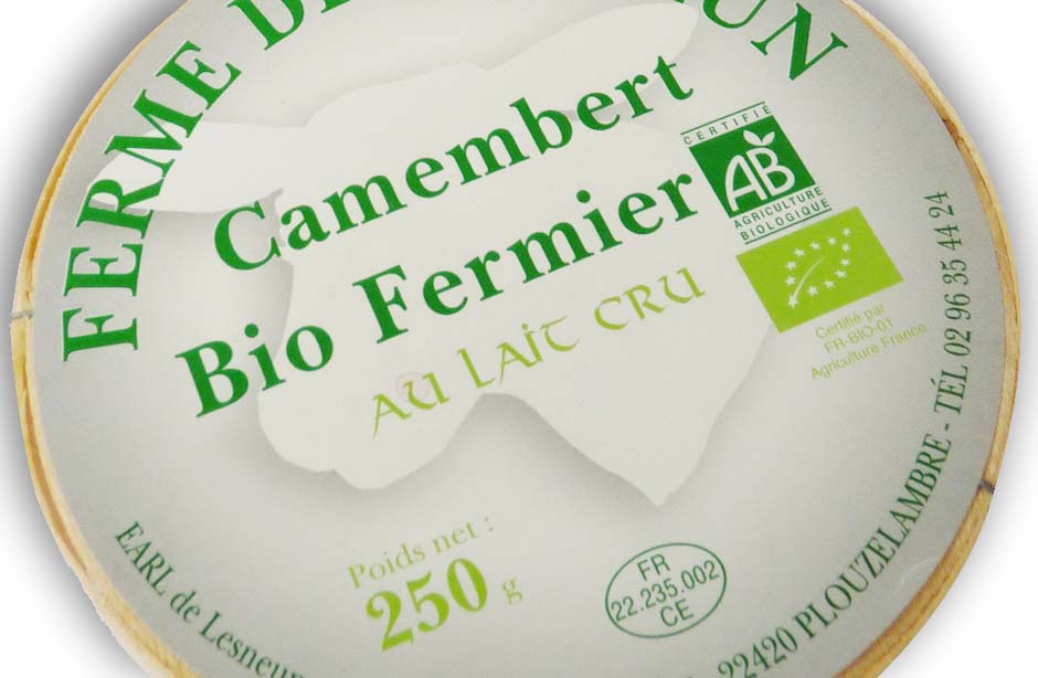 Etiquette Camembert bio ferme de Lesneun à Plouzelambre ; Côtes d’Armor, papier chromolux blanc impression pantone