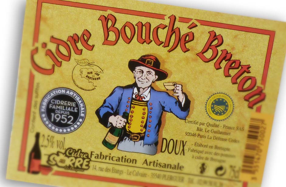 Etiquette Cidre Bouche Breton, cidre Sorre, à Plerguer en Ille et Vilaine sur papier chromolux couche 1 face, en quadri