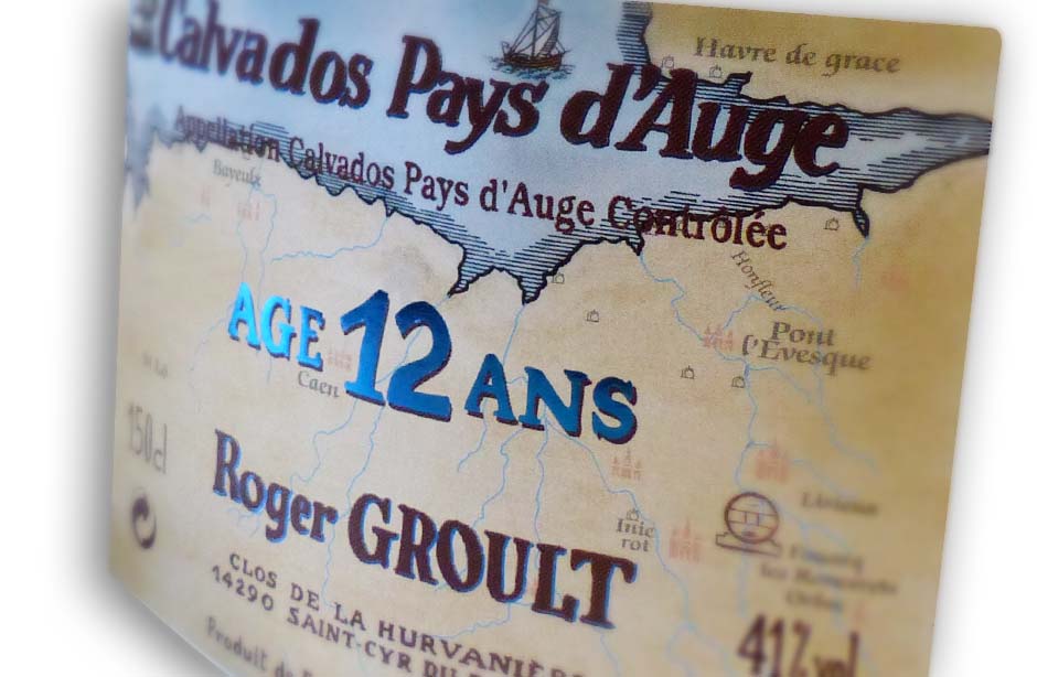 Etiquette Calvados Pays d’Auge 12 ans Roger Groult à St Cyr du Ronceray sur papier super mat, dorure à chaud bleue, quadri