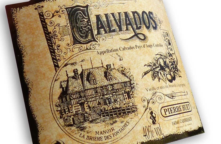 Etiquette Calvados Pays d’Auge Pierre Huet à Cambremes dans le Calvados sur papier super mat 2 couleurs dorure à chaud
