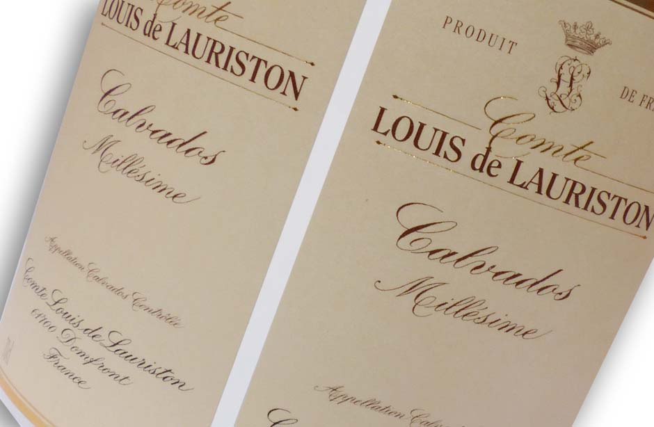 Etiquette Calvados millésime Comte Louis de Lauriston Ets Drouin à Domfront dans l’orne sur papier M Print ivoire or à chaud