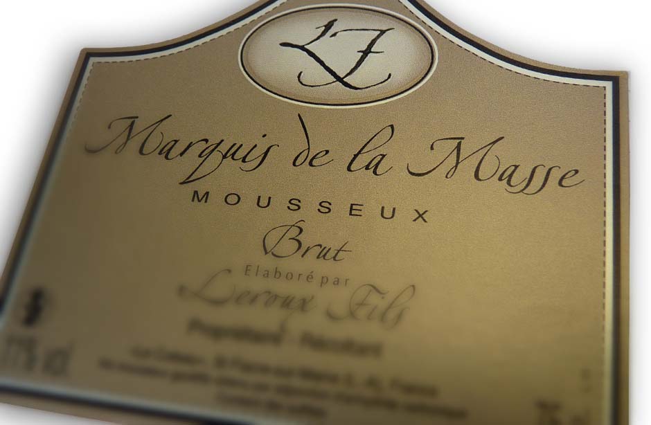 Etiquette mousseux Brut Marquis de la Masse, Leroux Fils à St Fiacre sur Maine sur papier Argent mat 2 couleurs dorure argent