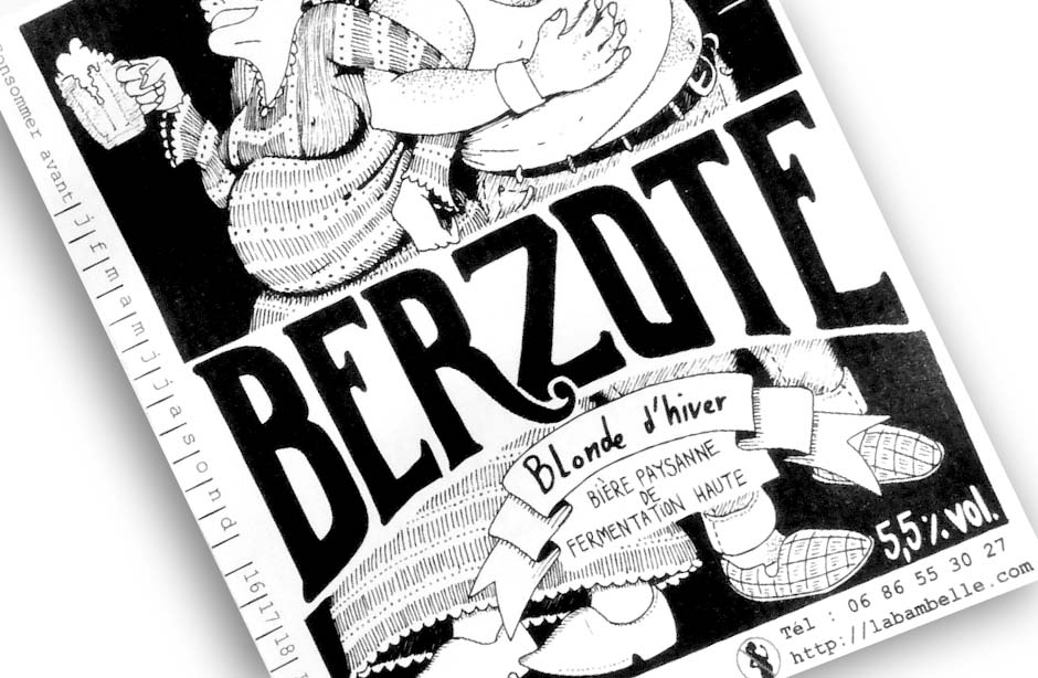 Etiquette Biere blonde paysanne Berzote, Brasserie la Bambelle à Saint Grave dans le Morbihan verge blanc impression noire